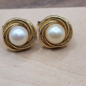 Vintage Monet Faux Pearl in Cream Gold Tone Knot Clip On Earrings